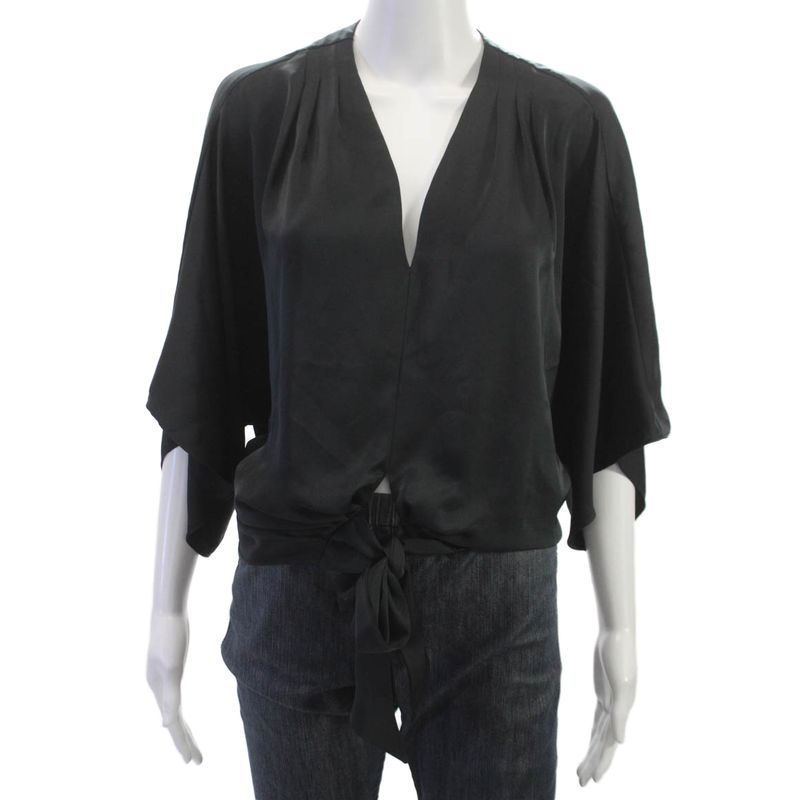 Ramy Brook Women Black Kimono Blouse V Neck 3/4 Sleeve Petite Size Xs